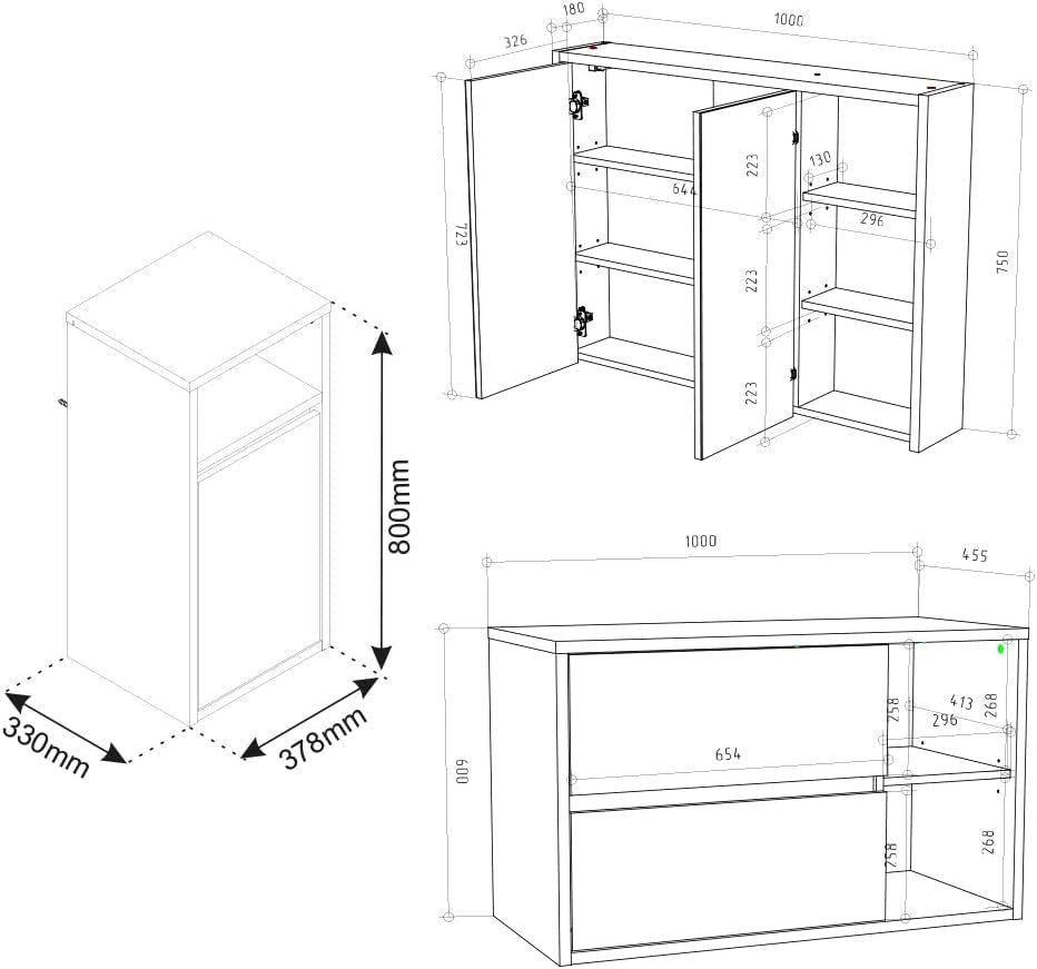 Set mobili bagno Viola, Bianco, 100 cm, composto da mobile sottolavabo, specchiera e mobile medio