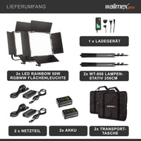 LED Rainbow 50W RGBWW Set - composto da 2 luci, alette di schermatura, alimentatore, borsa per il trasporto e lo stoccaggio, 2 treppiedi per lampade con attacco e adattatore, batteria e caricatore