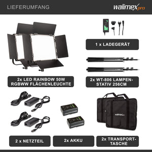 LED Rainbow 50W RGBWW Set - composto da 2 luci, alette di schermatura, alimentatore, borsa per il trasporto e lo stoccaggio, 2 treppiedi per lampade con attacco e adattatore, batteria e caricatore