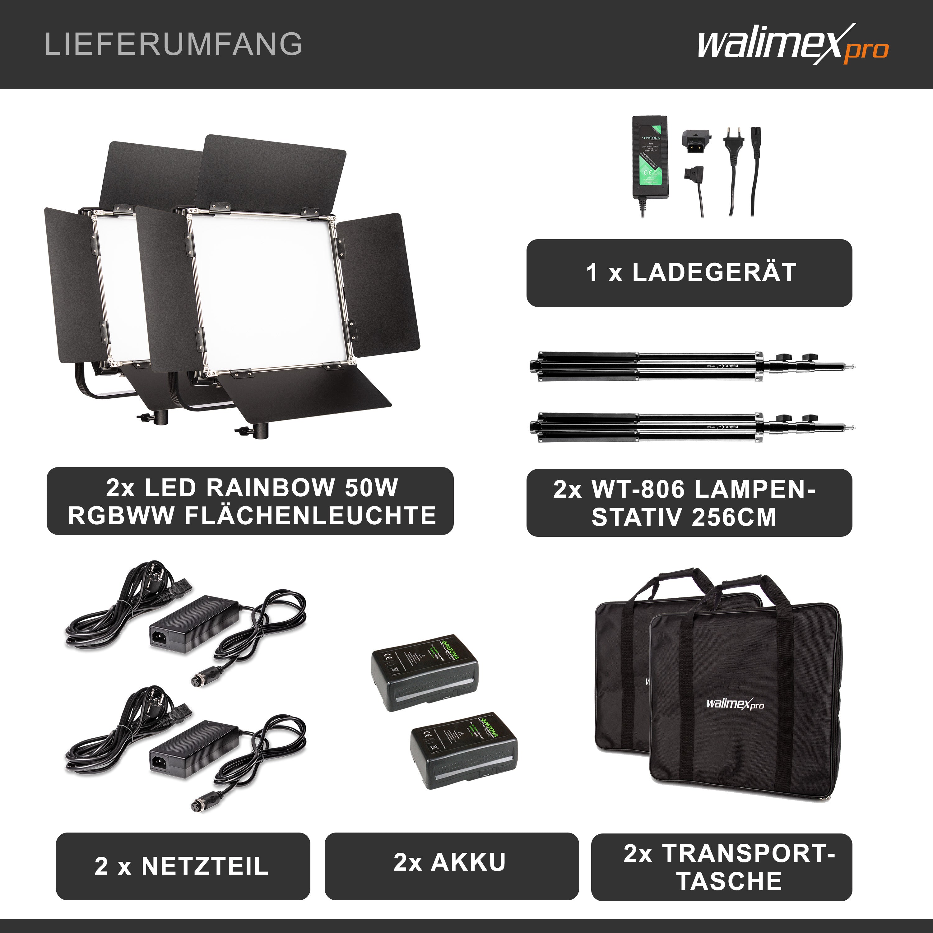 LED Rainbow 50W RGBWW Set - composto da 2 luci, alette di schermatura, alimentatore, borsa per il trasporto e lo stoccaggio, 2 treppiedi per lampade con attacco e adattatore, batteria e caricatore