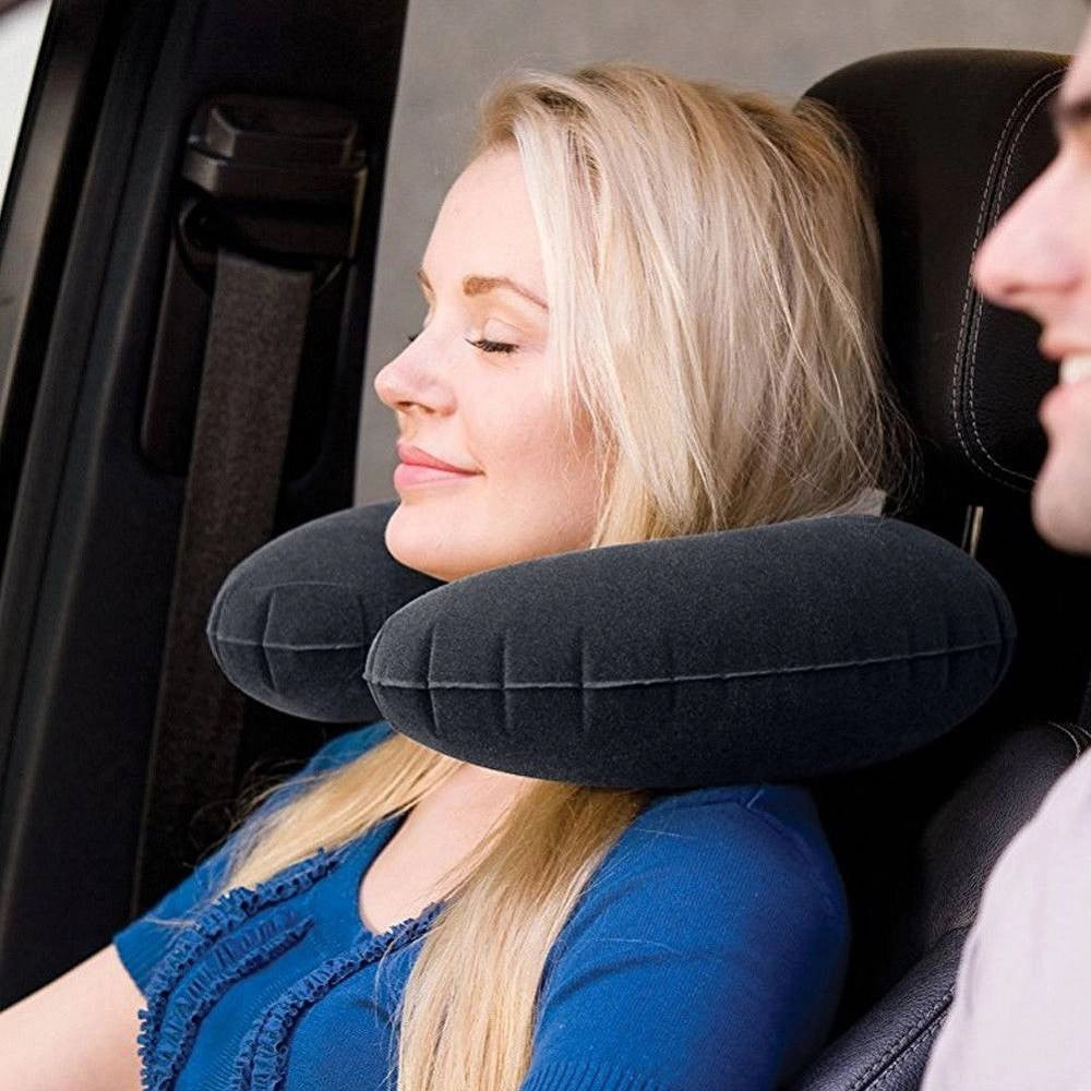 Trade Shop - Cuscino Da Viaggio Gonfiabile In Pvc Floccato Nero Treno Aereo Macchina -