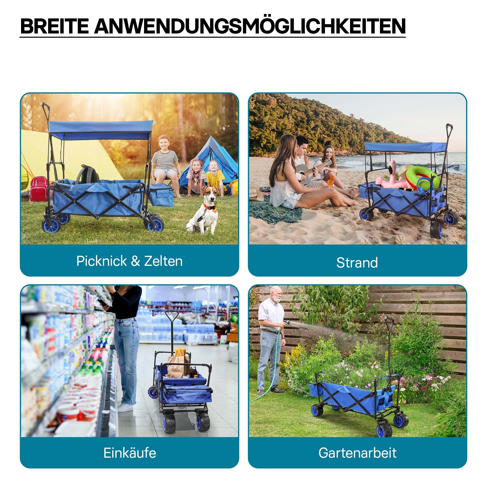 Carretto a mano pieghevole, max 70 kg, tessuto impermeabile blu, Carrello spiaggia con parasole