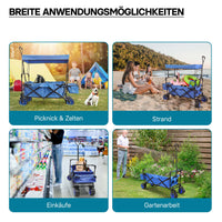 Carretto a mano pieghevole, max 70 kg, tessuto impermeabile blu, Carrello spiaggia con parasole