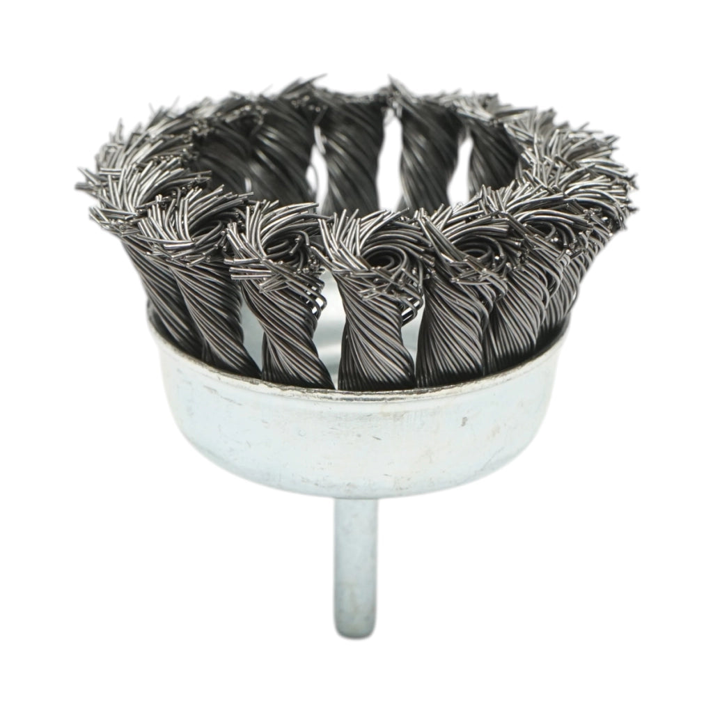Spazzola a tazza in filo metallico ritorto da 75 mm, albero da 6 mm, velocità massima 4500 giri/min. Breckner Germany