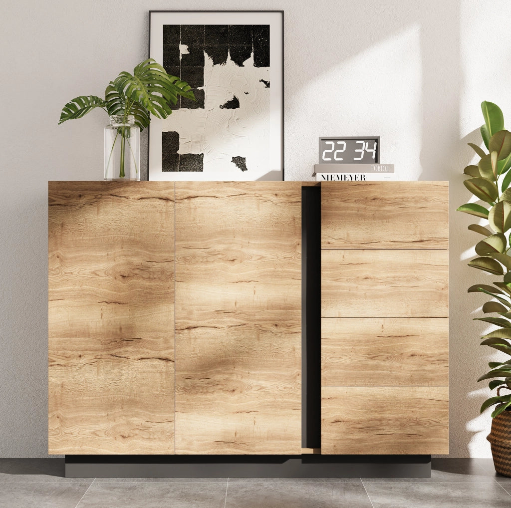 Credenza con quattro cassetti, due ante e finitura naturale e nera