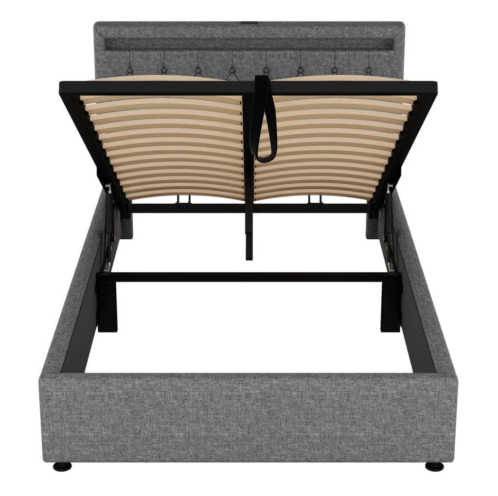 Letto imbottito 140x200 con contenitore, LED e porte USB-C