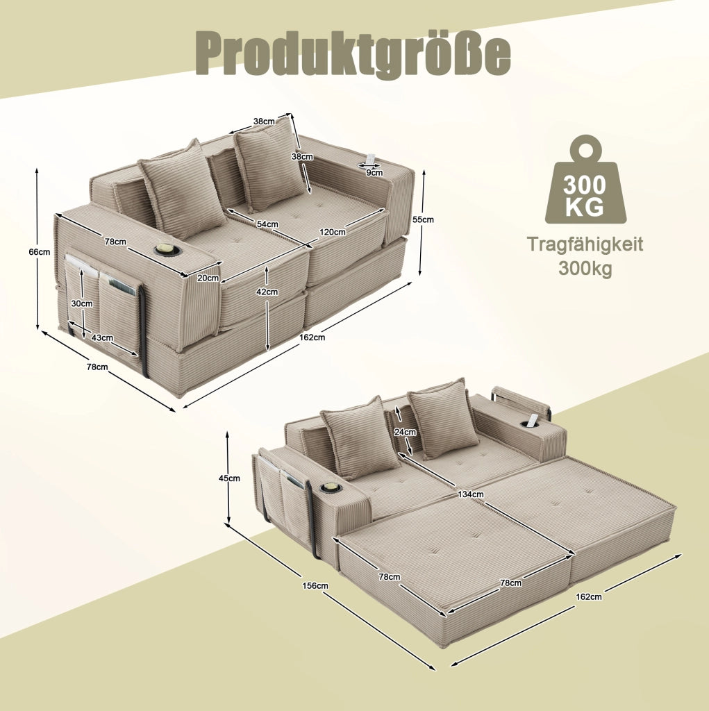 Divano pouf modulare in tessuto effetto corduroy color khaki; 162x78x66 cm; con 2 cuscini
