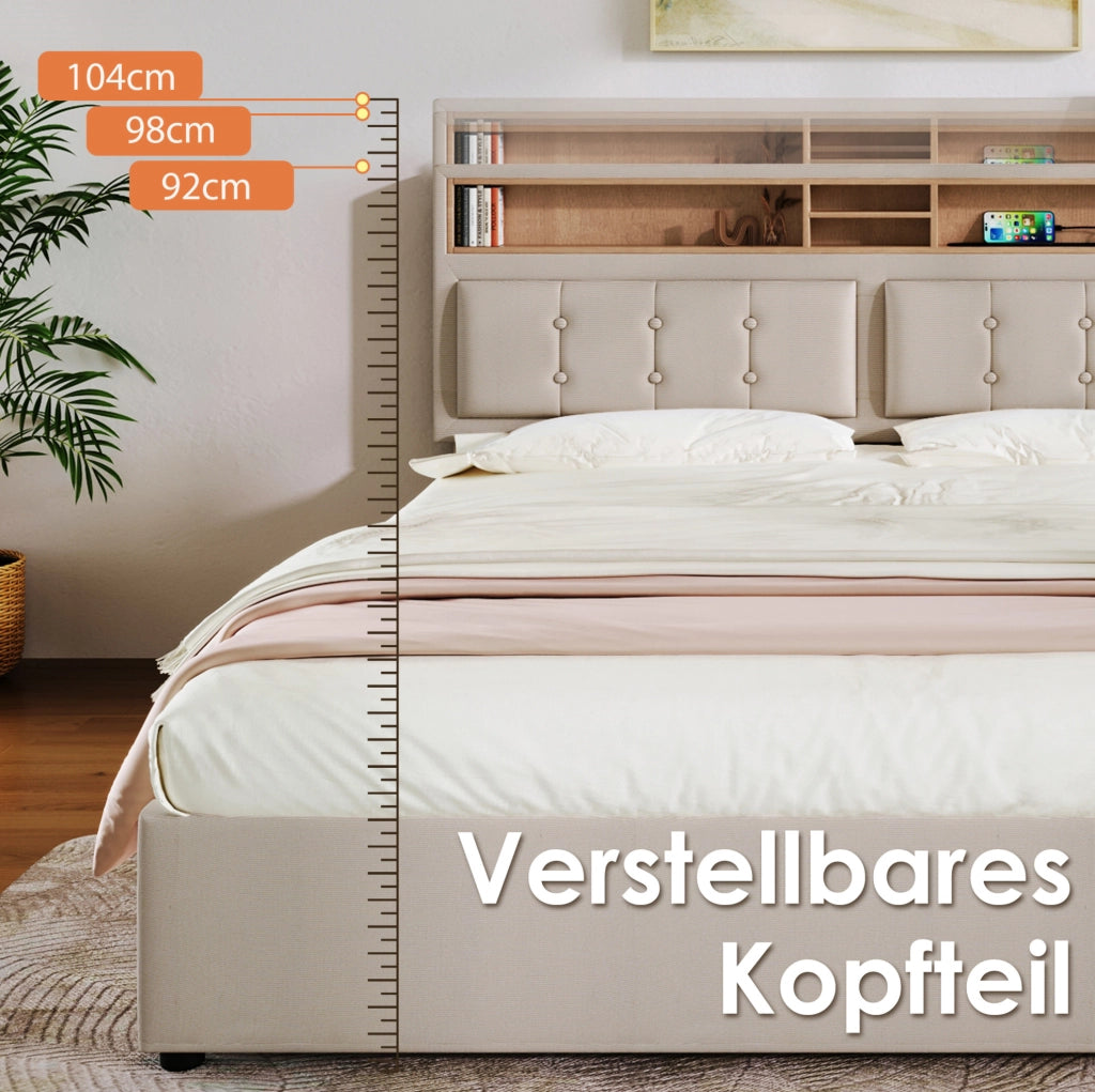 Letto matrimoniale imbottito 140x200 cm in lino con testiera regolabile; 4 cassetti; prese USB e Type C; beige chiaro