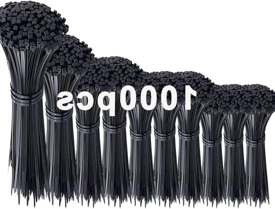 Cavi elettrici - neri - miscele di misure - 1000 pezzi - 350 - 300 - 250 - 200 - 150 - 100 mm - Cinture di filo - Resistenza elevata - Cinture di filo in plastica - Resistenti ai raggi UV - gestione - casa - ufficio