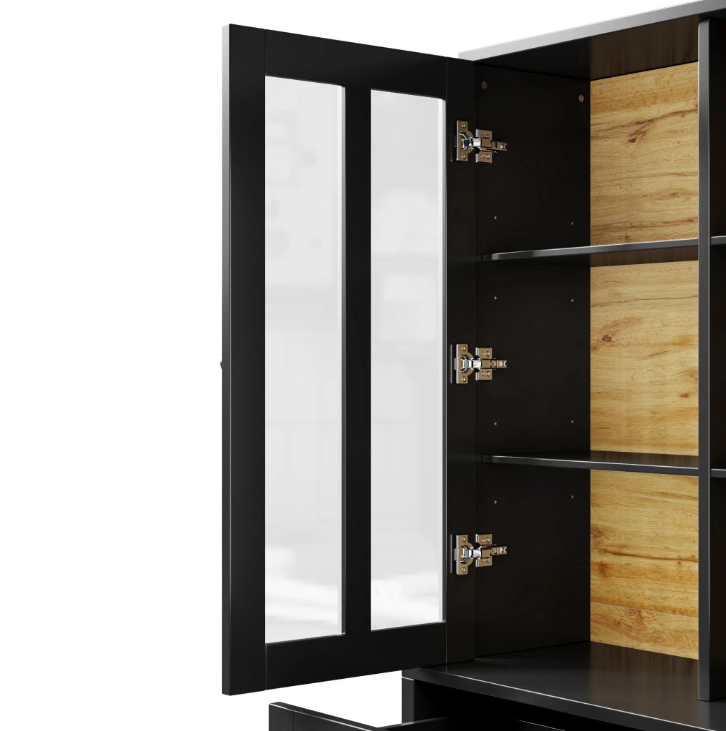 Vetrina 140x38.5x175 cm con ante in acrilico e sistema antiribaltamento; MDF nero