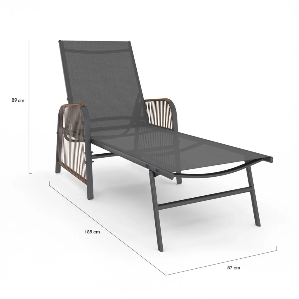 IDMarket - Set di 2 lettini da giardino reclinabili RIO in acciaio grigio antracite, corda in rattan con braccioli e tela grigia