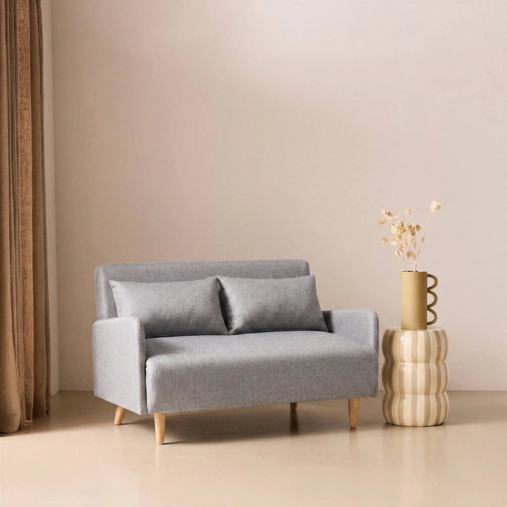 Divano letto clic-clac in tessuto con gambe in legno, 2 posti, grigio