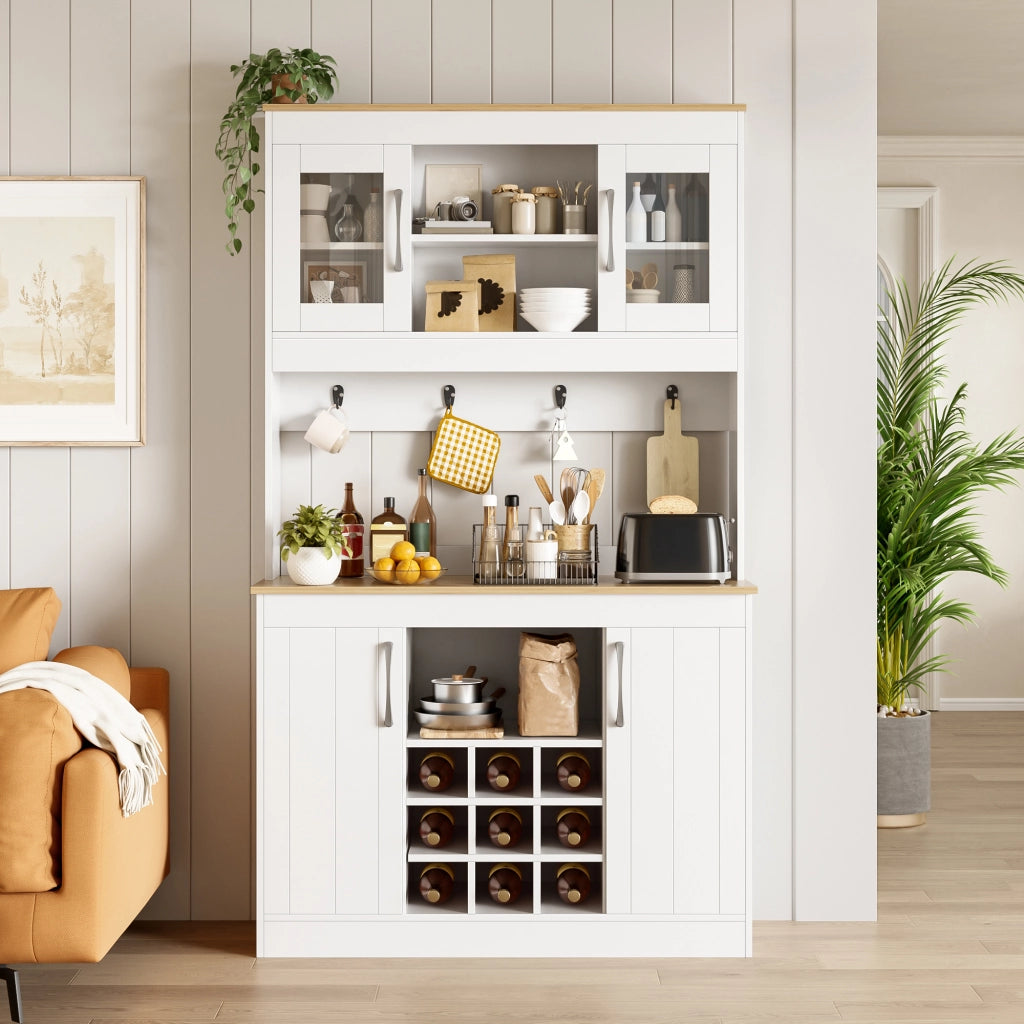 Credenza con vetrina e portabottiglie, 2 ante in vetro e ganci, per cucina e sala da pranzo, bianco, 106 × 39 × 175 cm