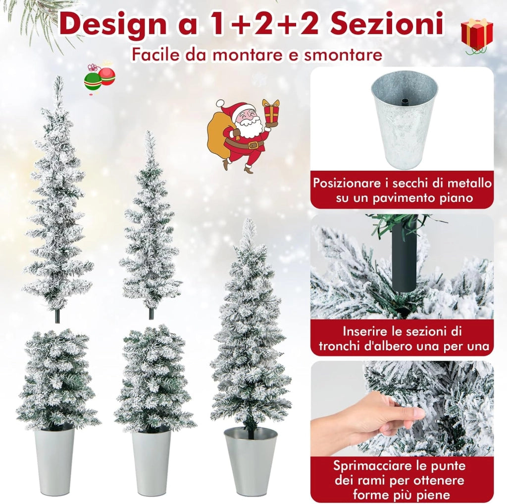 Set di 3 Alberi di Natale Artificiali da 90 CM + 120 CM + 150 CM | Alberi di Natale Slim Innevati con 120 + 140 + 160 Punte di Rami e Barili di Metallo Riempiti di Cemento