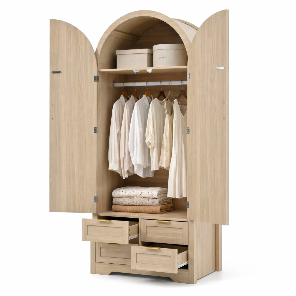 Armadio moderno con ante curve e inserti in rattan 80x50x179 cm; MDF colore quercia
