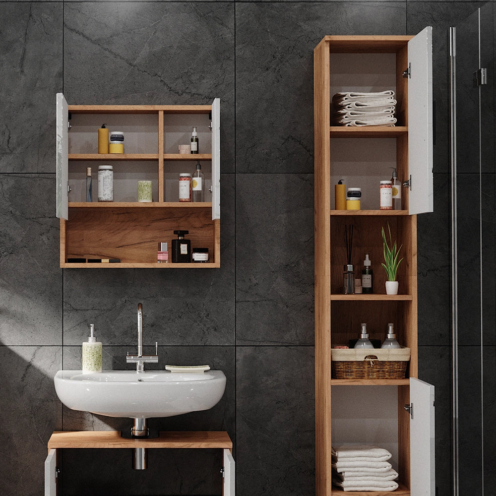 Armadio per il bagno Irma Bianco lucido/Rovere dorato 30 x 192 cm con ante e vani a giorno Vicco