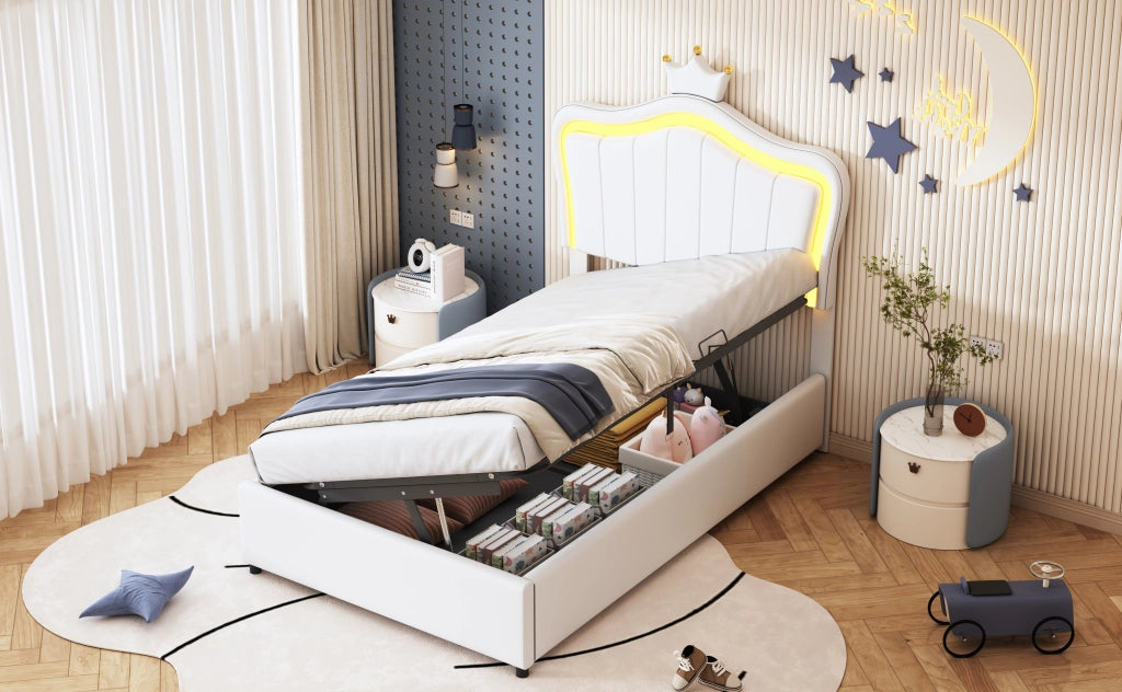 DESMIU Letto contenitore per bambini 1 posto con LED regolabile, testiera regolabile e vano 90 × 200 cm, senza materasso