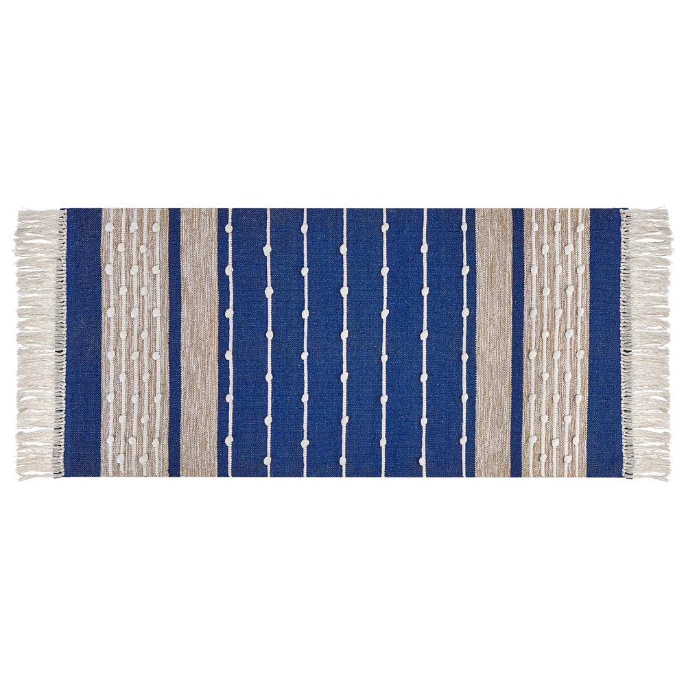 Tappeto in cotone blu e beige  con nappe e motivo a strisce verticali 80 x 150 cm camera da letto soggiorno ingresso
