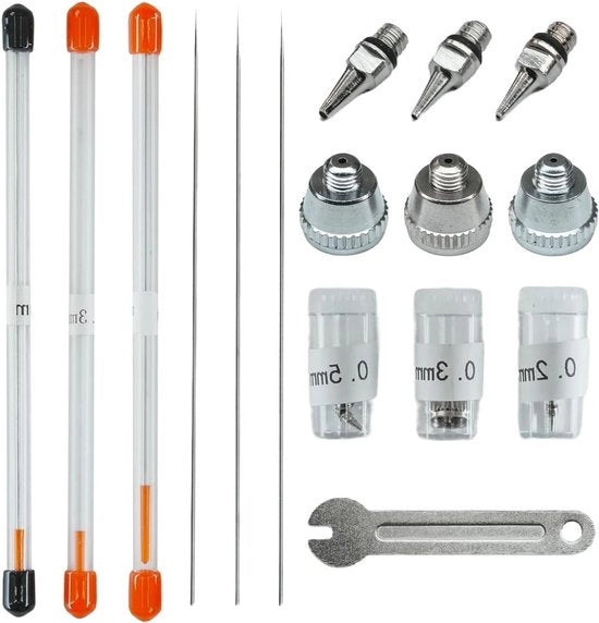 Kit di accessori per airbrush con punteria a ago diametro 02 mm 03 mm 05 mm con chiave per kit di ricambi per pistole a spruzzo per modellismo e verniciatura 7 pezzi.