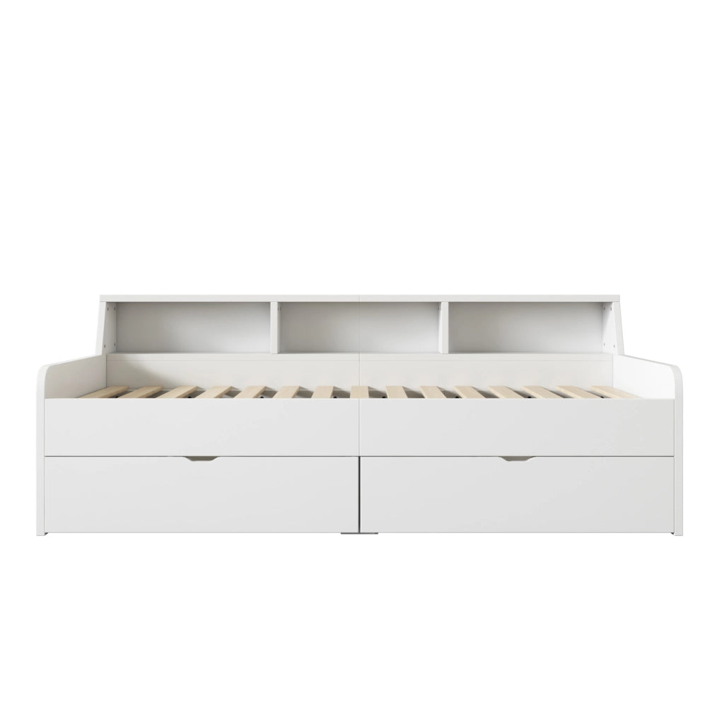 Letto giorno 90x200 cm con due cassetti e ripiani, bianco