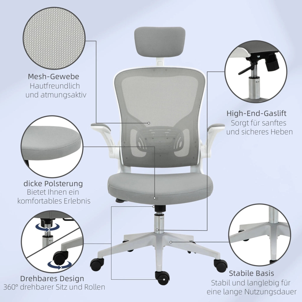 Sedia da ufficio ergonomica con poggiatesta e supporto lombare in plastica grigia 65 × 64 × 114-122 cm