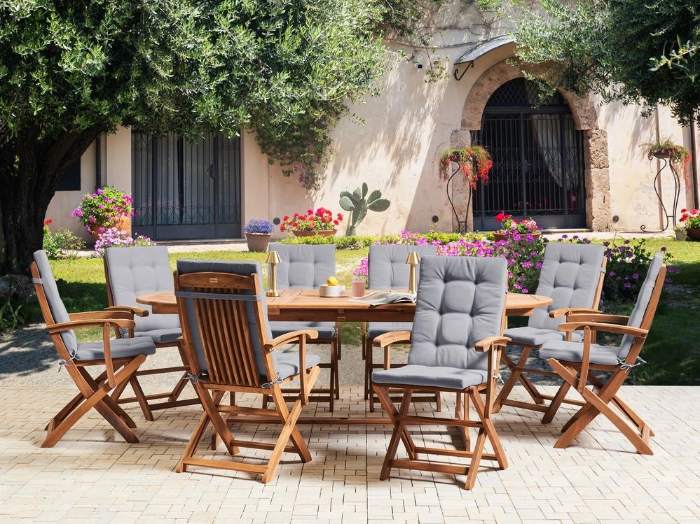 Set da pranzo da giardino con tavolo ovale sedie pieghevoli con cuscini grigio chiaro a 8 posti Maui design rustico