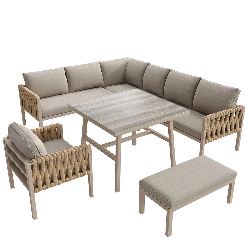 Set Divano Angolare da Giardino ¨C Xylo ¨C Cuscini Inclusi, Piano in Vetro Temperato, Beige