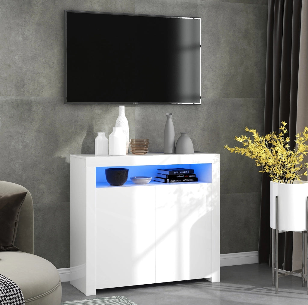 Sideboard LED con 2 ante e vano aperto; 108 x 40 x 92 cm; MDF bianco