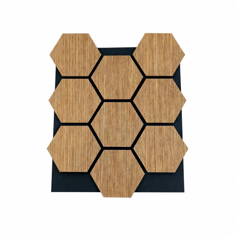 Pannelli acustici esagonali da parete in MDF e feltro PET, rivestimento fonoassorbente effetto rovere 62x76 cm - Divina Home