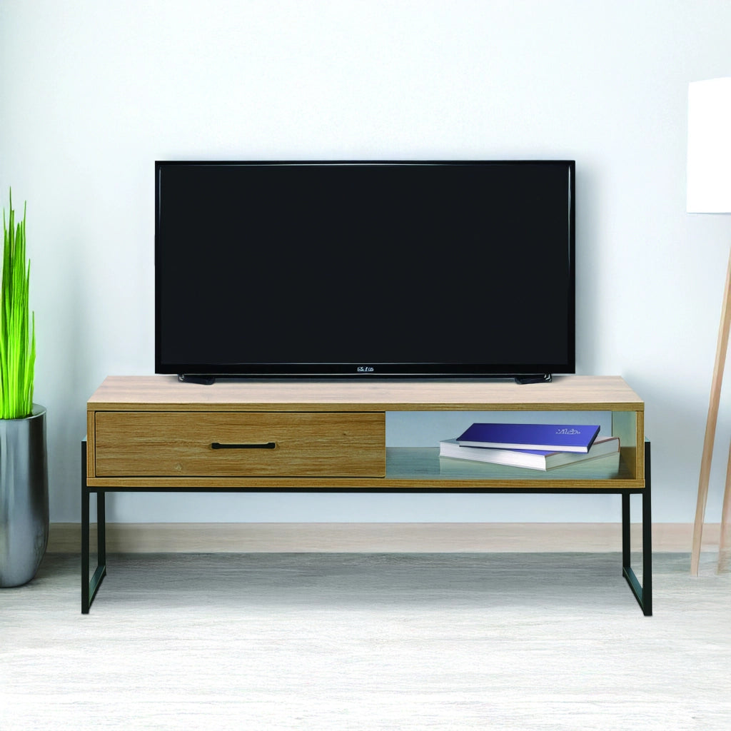 Mobile Porta Tv Stile Industrial Fino 60 Pollici Mobiletto Basso Per Televisore Con Cassetto Porta Oggetti In Legno Di Rovere Soggiorno Davanti Divano Camera Letto
