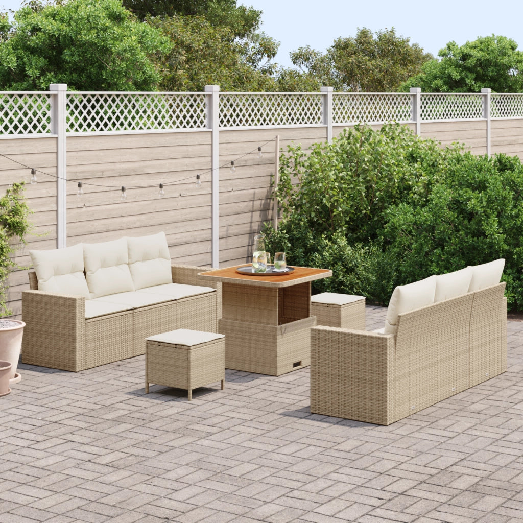 Set Divano Giardino 9 Pezzi con Cuscini Beige Polyrattan Acacia
