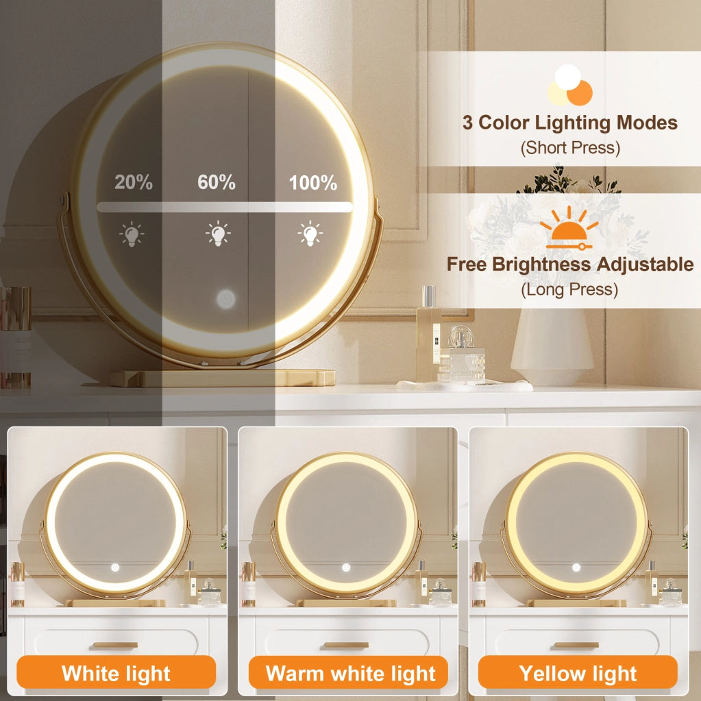 Toeletta LED con specchio; 1 cassetto e 2 ante; 100x42x112 cm; bianco e oro