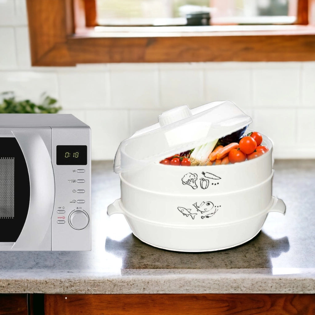 Vaporiera per Microonde 2.4lt Ideale per Cucinare Carne Pesce Verdure 2Livelli
