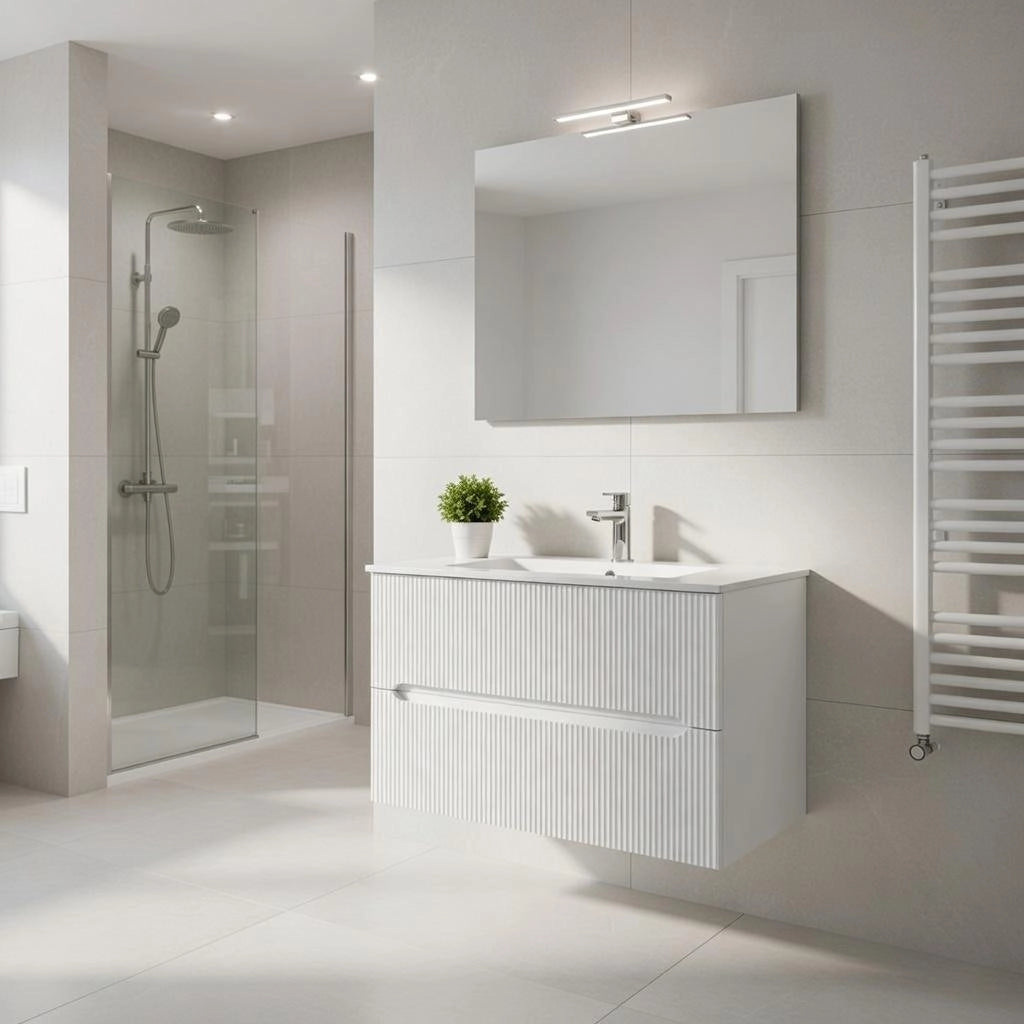 Composizione mobile bagno sospeso con cassetti cm 90 cannettato mod. STICK - Bianco Opaco