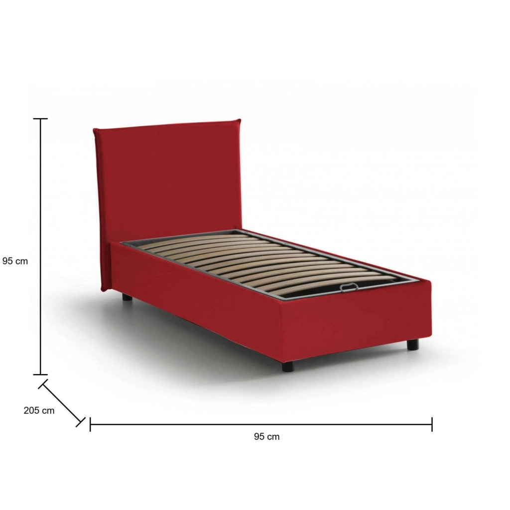 Letto singolo Acuila, Letto contenitore con rivestimento in tessuto, Made in Italy, Apertura laterale, adatto per materasso cm 80x190, Rosso