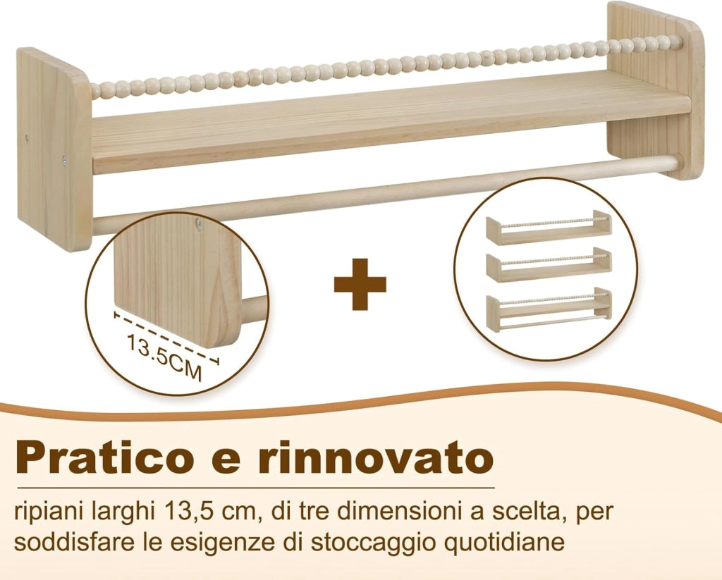 Librerie per Bambini da Parete in Legno Massello, 60 cm Set di 3 Porta Libri per Cameretta, Scaffale Libri per Bambini, Librerie da Parete Piccole con Perline