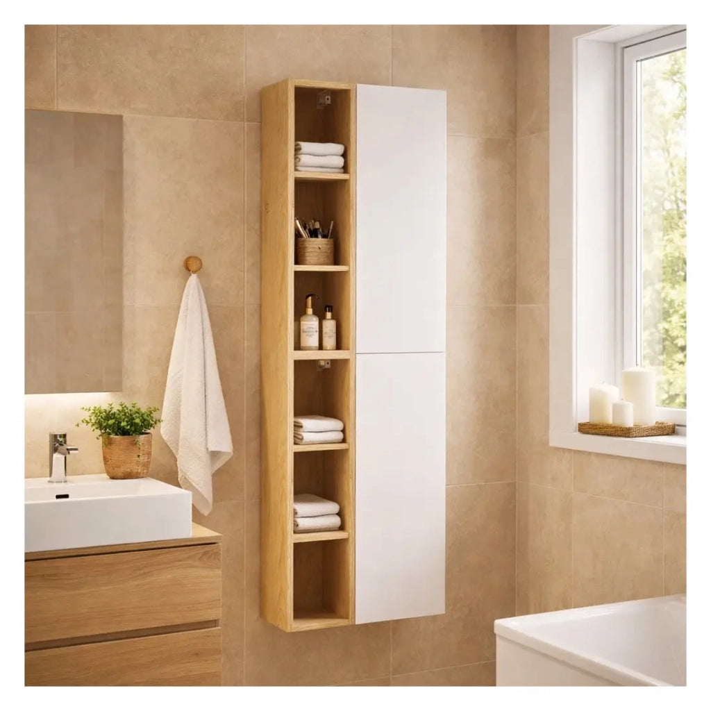 Mobili modulari da parete OSTER 50cm – mobile sospeso bianco opaco con 1 porta e 6 nicchie visibili in rovere chiaro