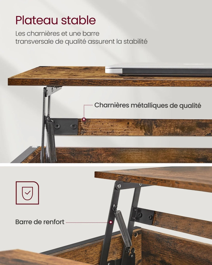 Tavolino da caffè/tavolo da soggiorno con piano sollevabile vano portaoggetti aperto e scomparto nascosto barre a X 60 x 100 x 62 cm marrone 12_0007471