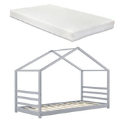 Letto per Bambino a Forma di Casetta con Materasso Ipoallergenico a Schiuma Fredda 90 x 200 cm Letto di Design Struttura in Legno di Pino - Grigio
