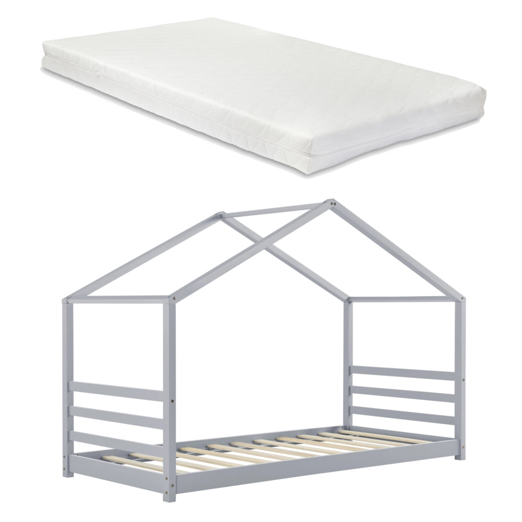 Letto per Bambino a Forma di Casetta con Materasso Ipoallergenico a Schiuma Fredda 90 x 200 cm Letto di Design Struttura in Legno di Pino - Grigio