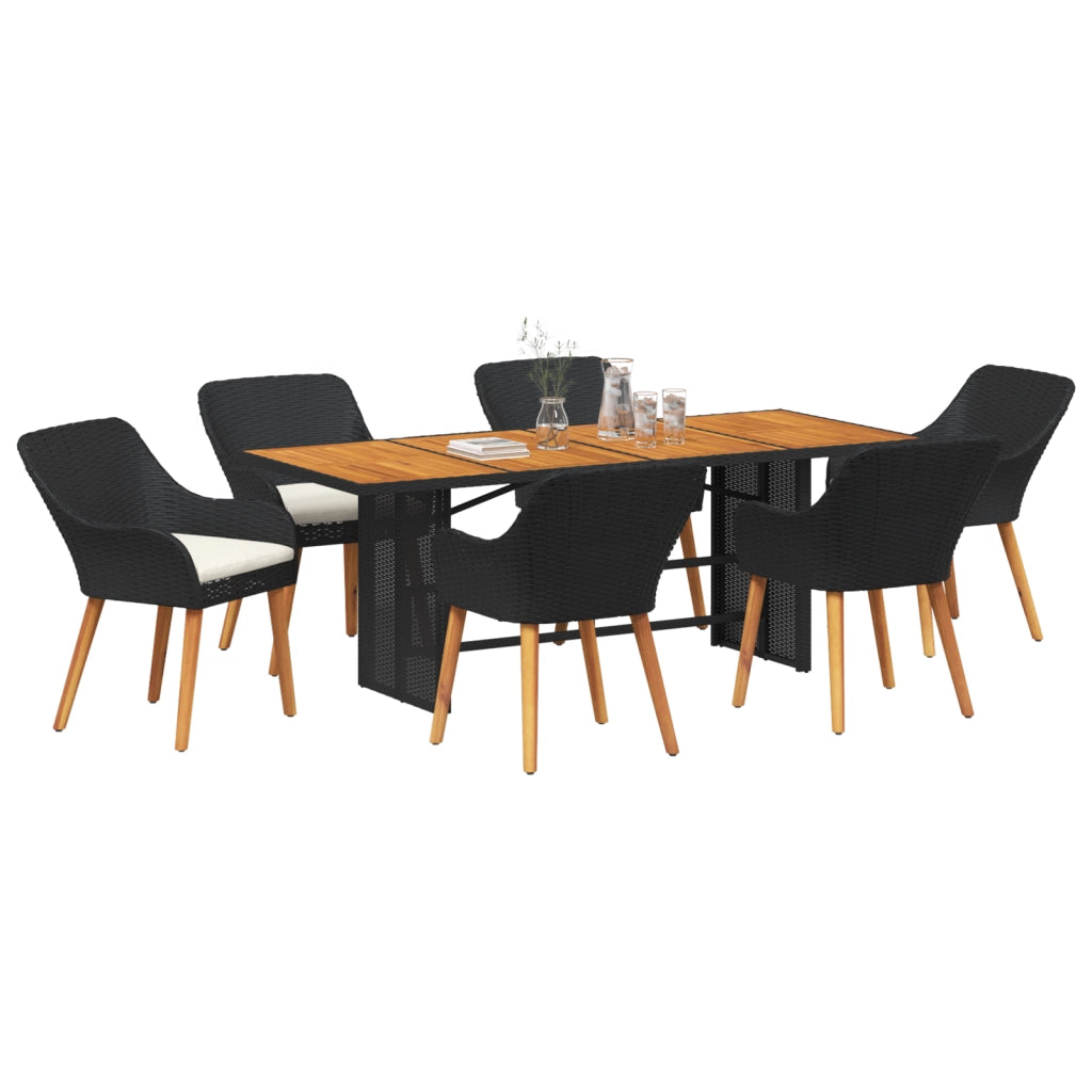 Set da pranzo per giardino 7 pezzi in polyrattan nero