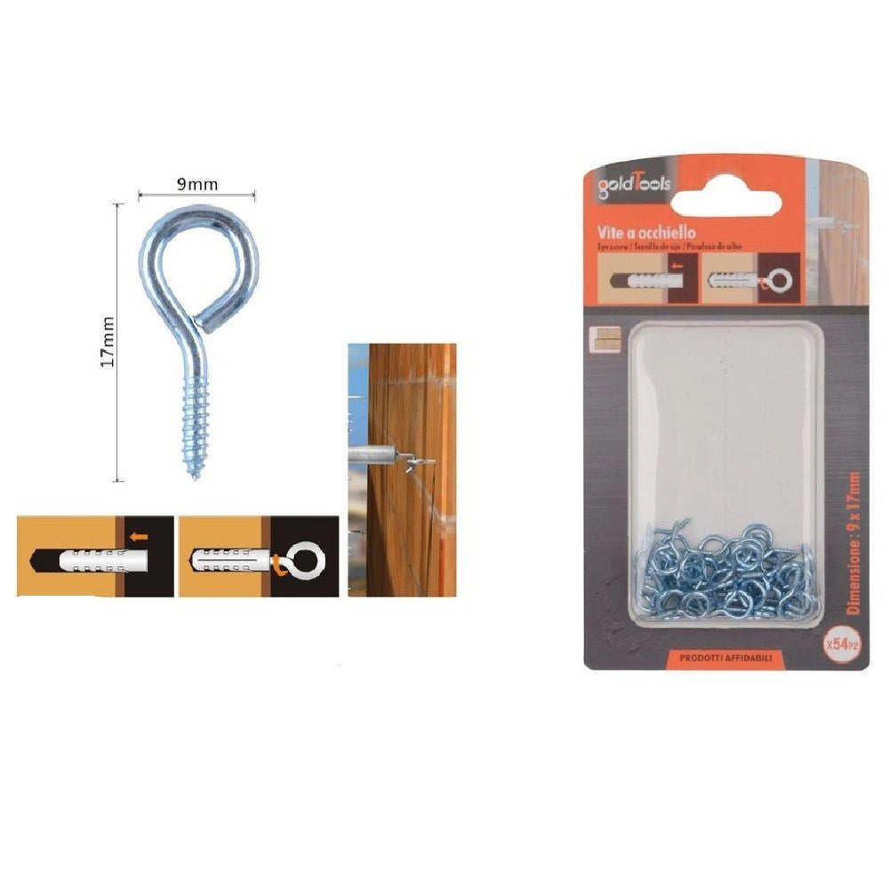 Trade Shop - Set 54pz Viti Vite A Occhiello Gancio Chiuso 9x17 Mm Filettatura Per Legno 90724 -