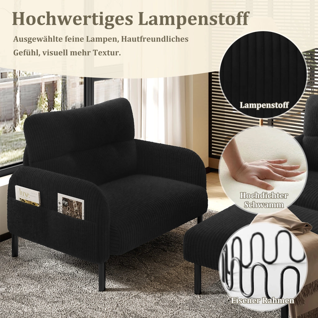 Set di Mobili da Soggiorno con Divano 2 Posti; Poltrona e Pouf; Seduta Profonda e Tasca Laterale; Velluto a Coste; Nero