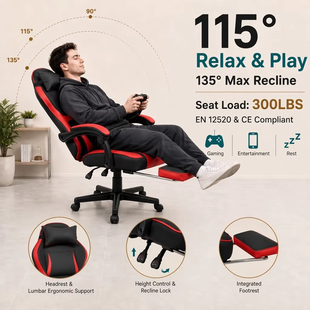 Sedia gaming con tasca posteriore e cilindro pneumatico a 3 livelli in PVC nero rosso 77 × 25,5 × 59,0 cm