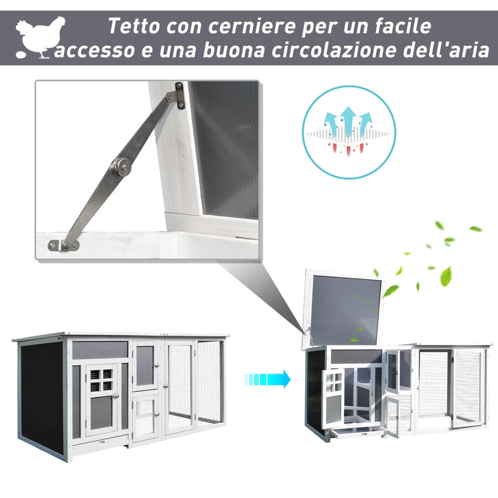 EasyComfort Pollaio per Galline Ovaiole da Esterno con Tetto Impermeabile e Zona di Corsa, Nidificazione in Legno, 160x75x80 cm, Grigio e Bianco