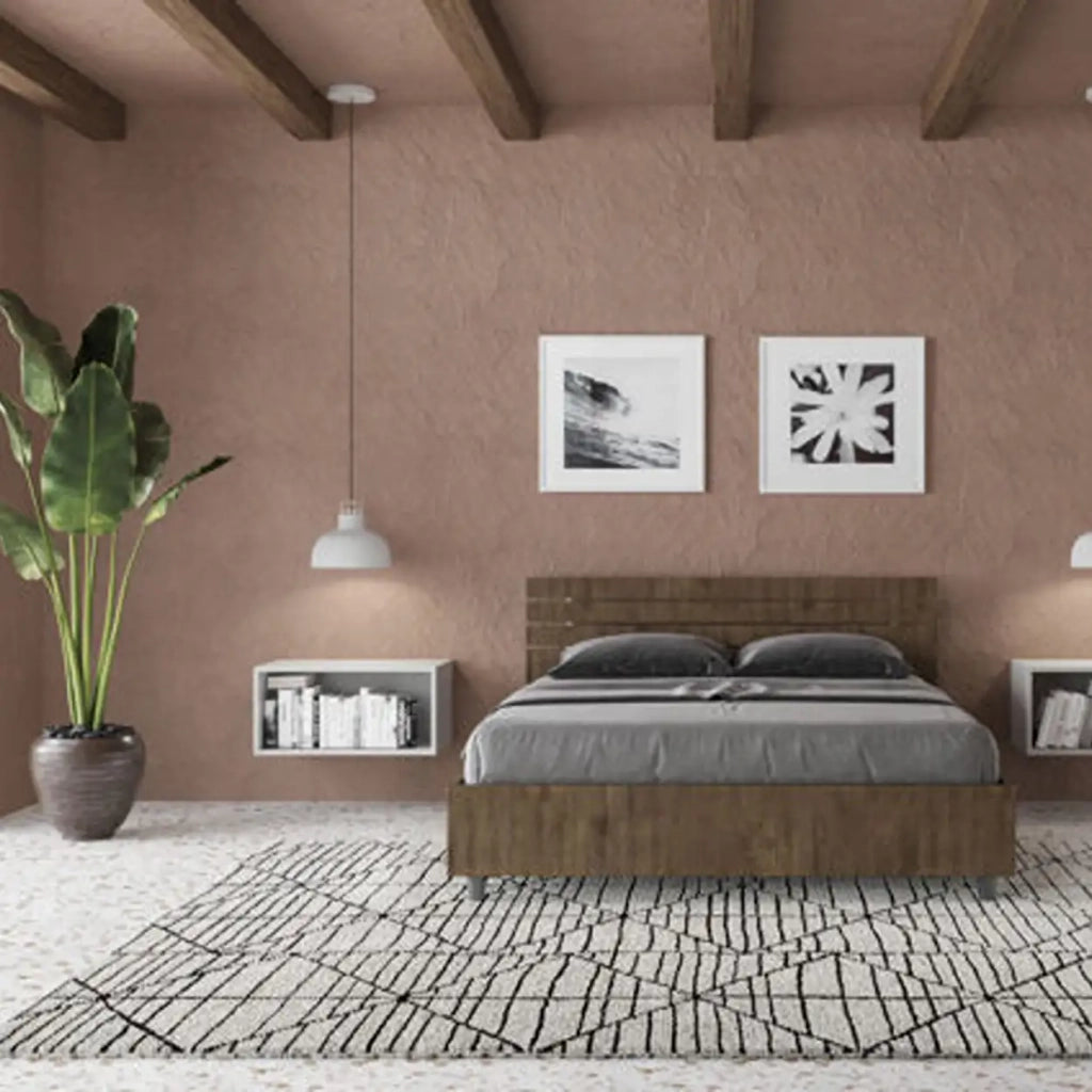 Letto matrimoniale francese con rete 140x190 testata dritta con doghe noce Ankel