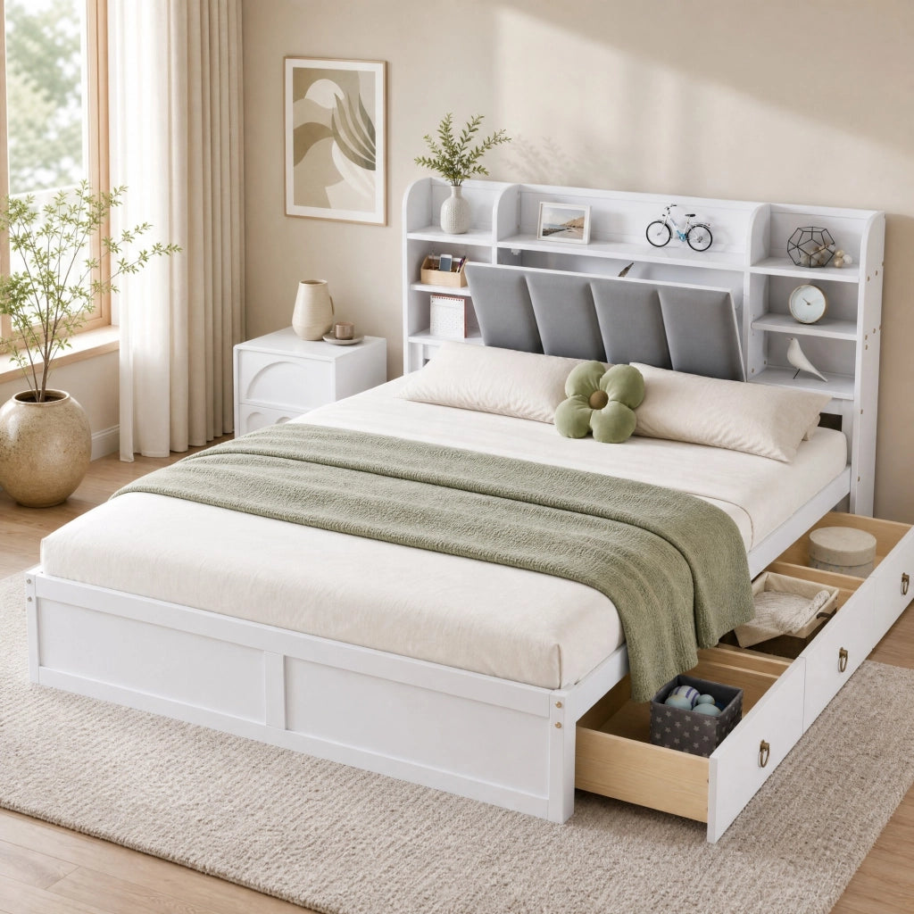Letto con cassetti 2 posti con 3 cassetti, ripiani aperti e vano con anta ribalta, 160 × 200 cm, senza materasso