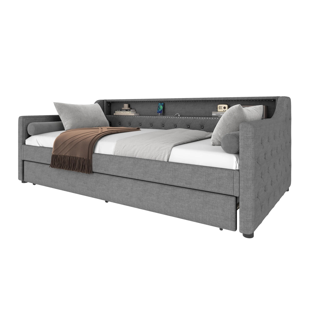 OKWISH Letto a Divano 90×200 cm, Letto Singolo con LED Regolabile, USB e Letto Estraibile 90×190 cm, senza Materasso, in Lino, Grigio