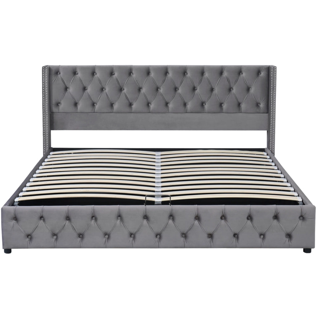 Letto matrimoniale imbottito con contenitore 140x200 cm in velluto grigio; stile Chesterfield