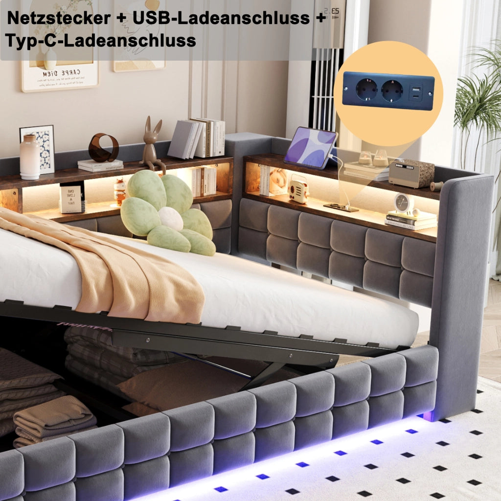 DESMIU Letto Divano 1 Posto con Contenitore, Mensole, USB, Tipo C e LED 90 × 200 cm, senza materasso